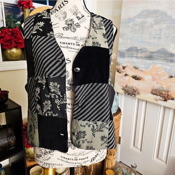 VTG Stonebridge Black & Grey Patchwork Corduroy Vest. - Picture 1 of 16